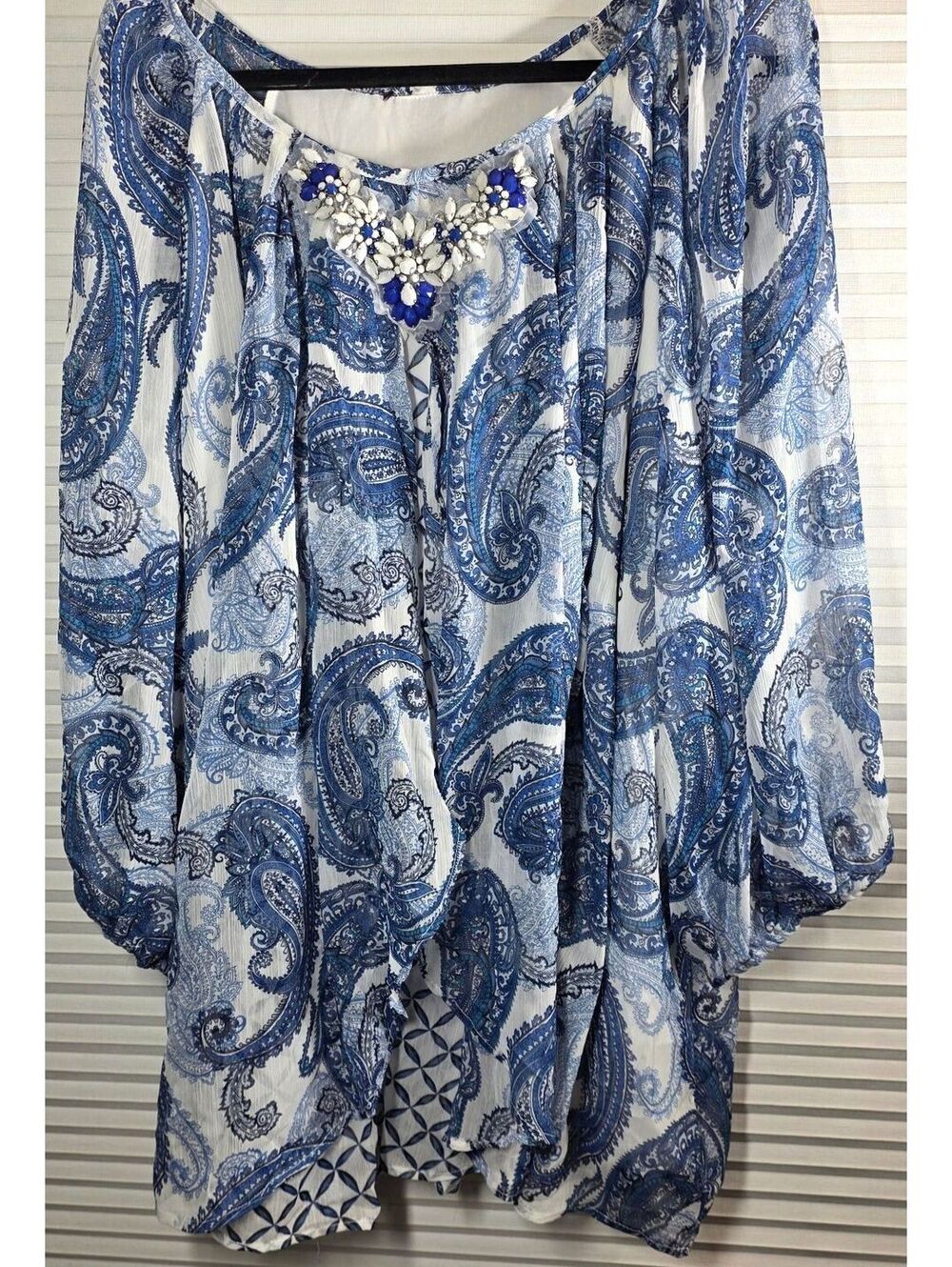 Blue‎ White Paisley Floral Beaded Tunic Top Plus Size 24W 3X Blouse Boho Flowy
